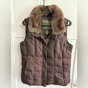 Eddie Bauer Brown Premium Goose Down Puffer Vest Faux Fur Collar Women’s M